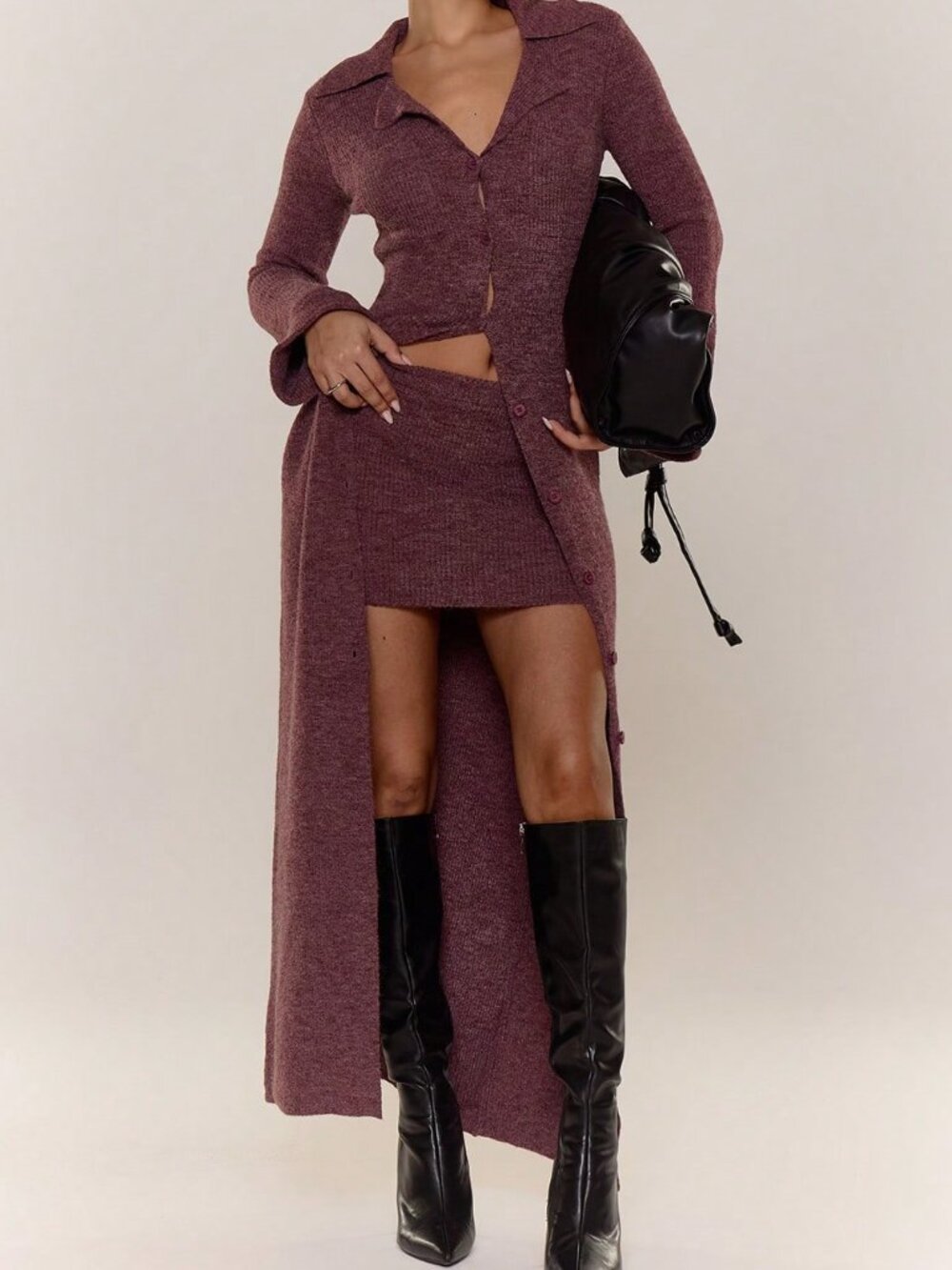 Red Violet Casual Women's Knit Button-Down Cardigan & Mini Skirt Set